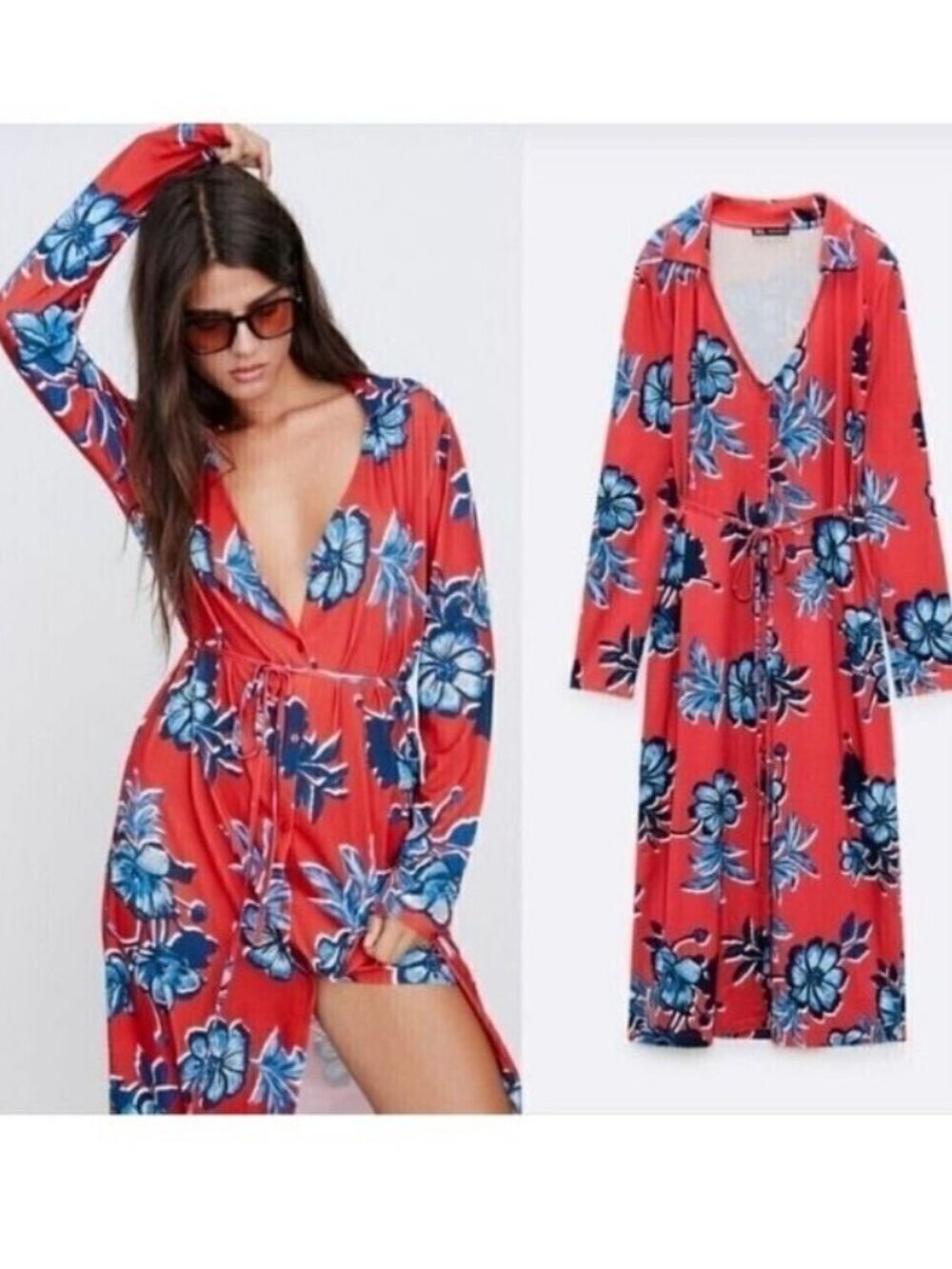 Zara Rust Red Blue Floral Button Front V Neck Collar Midi Shirt Dress Size Small